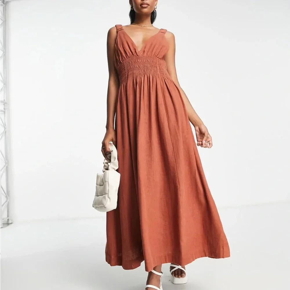 Abercrombie & Fitch Linen Ruched Maxi Dress Size S Petite